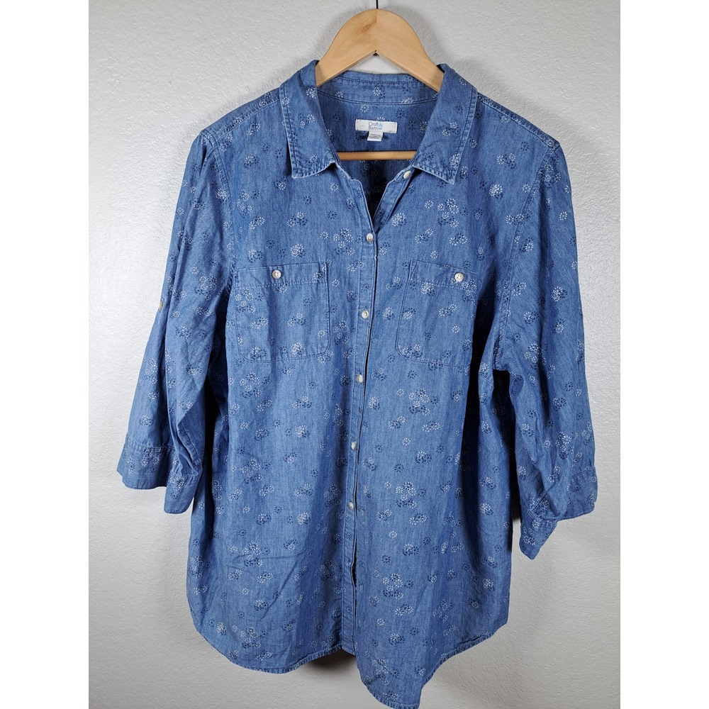 Croft & Barrow Womens Plus 1X Blu Denim Floral 3/4 Roll Tab Sleeve Shirt RN73277